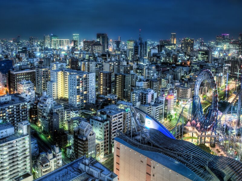 Nighttime Cityscape with Roller Coaster — Blue, Dramatic