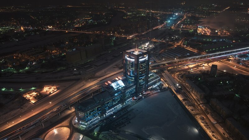 Nighttime Cityscape with Skyscraper — Black, Dramatic