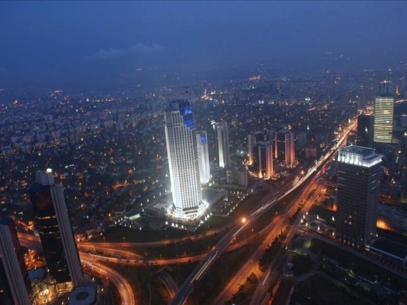 nighttime cityscape with skyscrapers