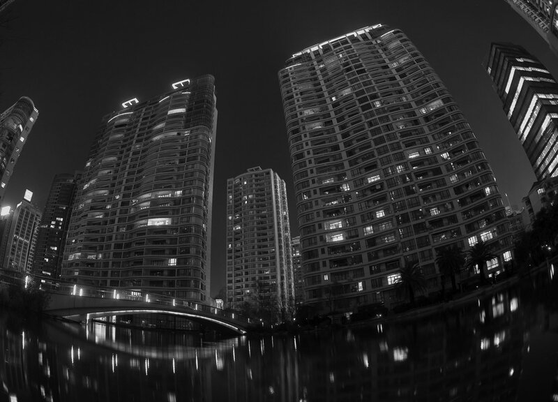 nighttime cityscape with skyscrapers