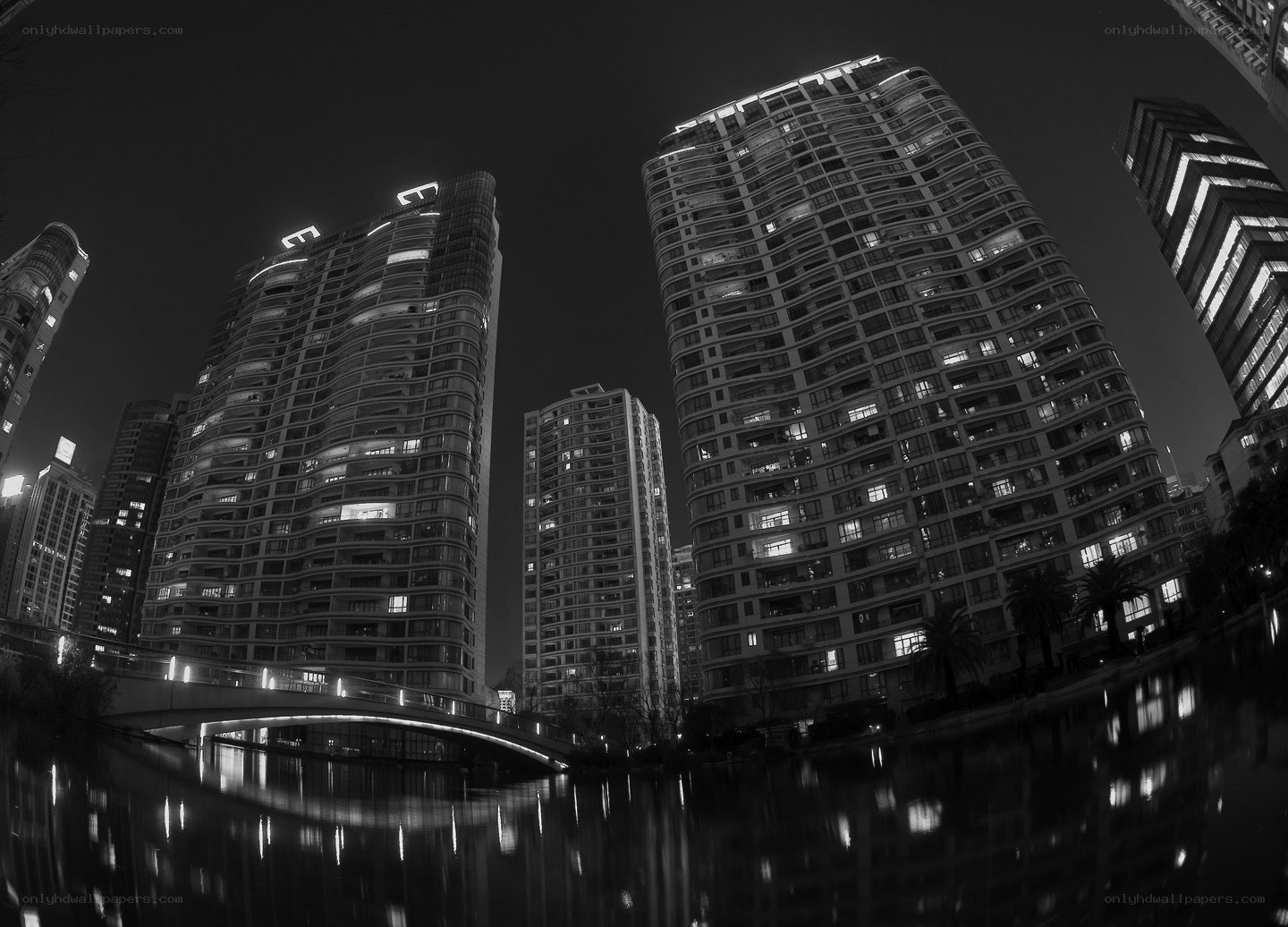 nighttime cityscape with skyscrapers