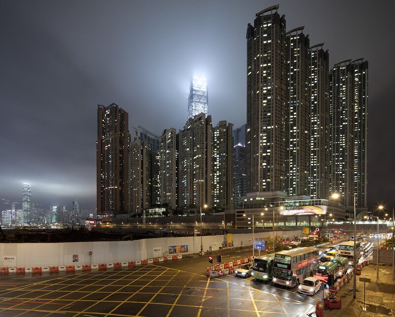 Nighttime cityscape with skyscrapers