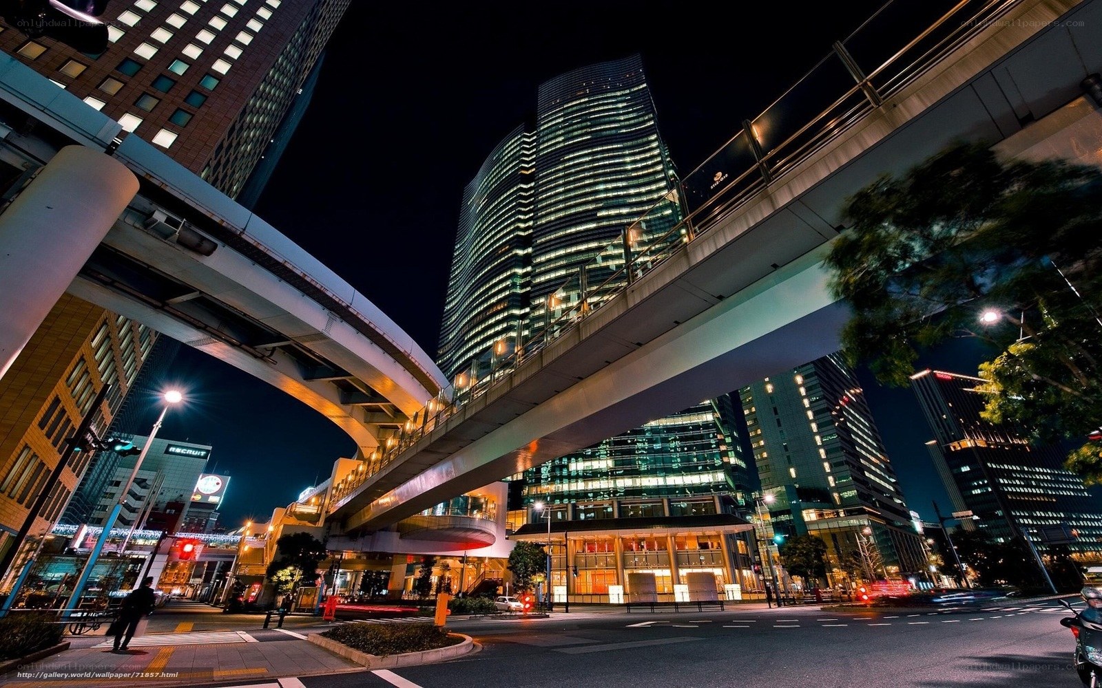 Nighttime cityscape with skyscrapers