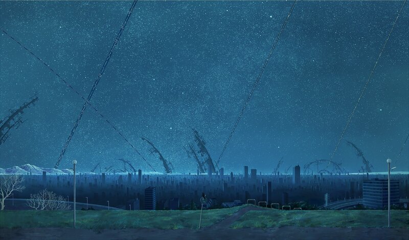 nighttime cityscape with stars
