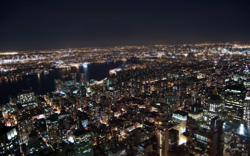 nighttime cityscape with tilt-shift effect