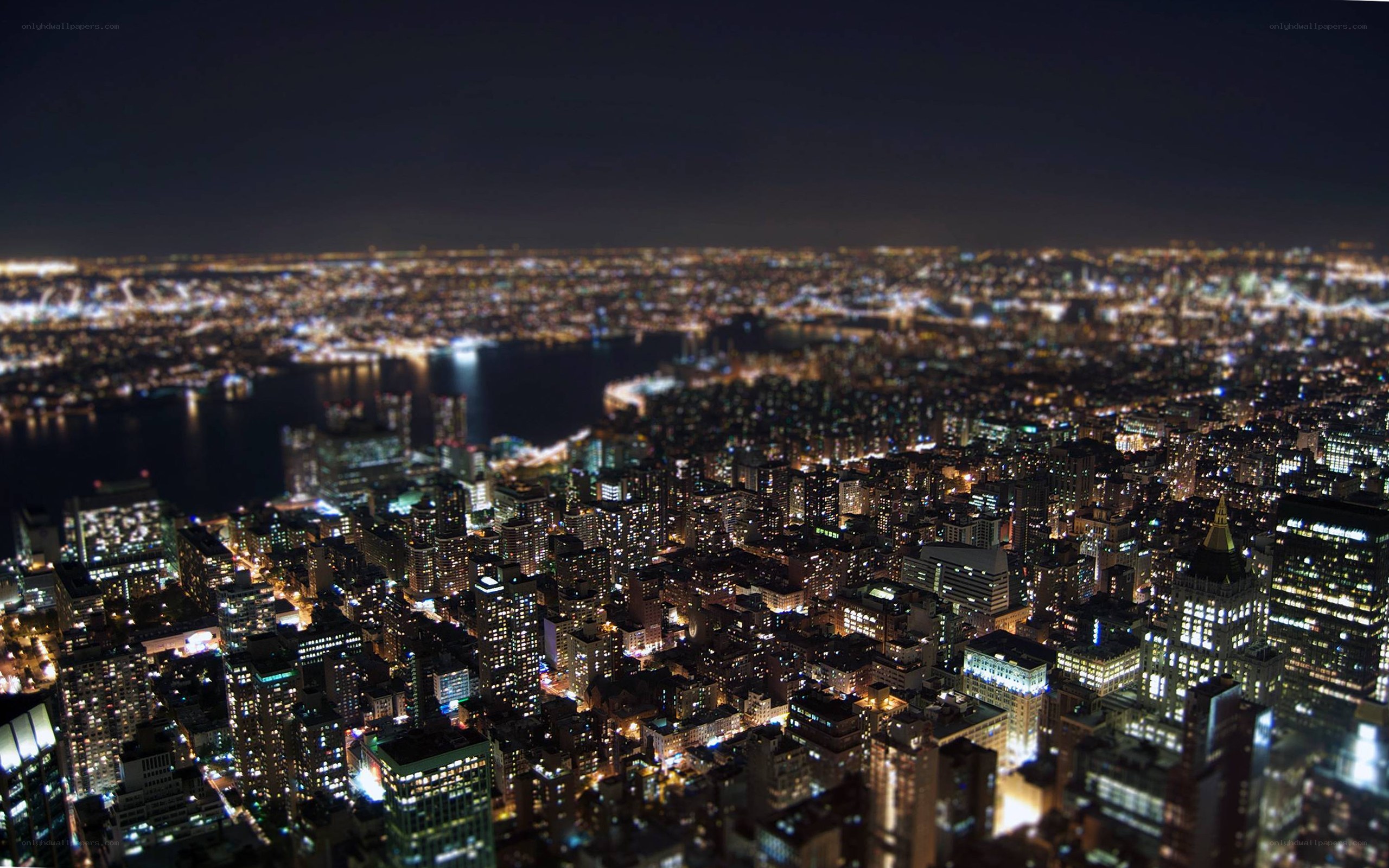 nighttime cityscape with tilt-shift effect