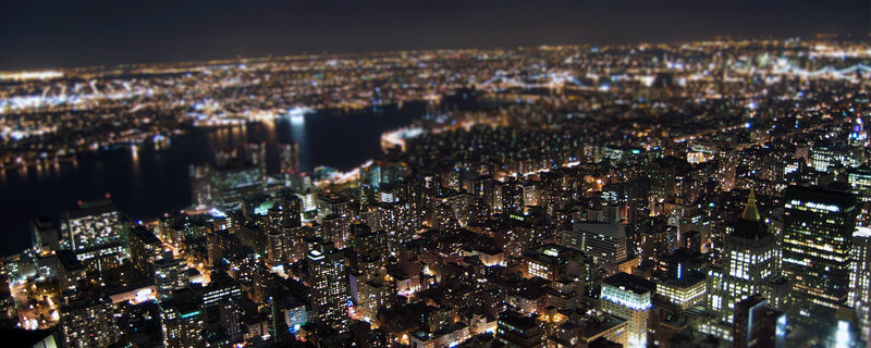 nighttime cityscape with tilt-shift effect