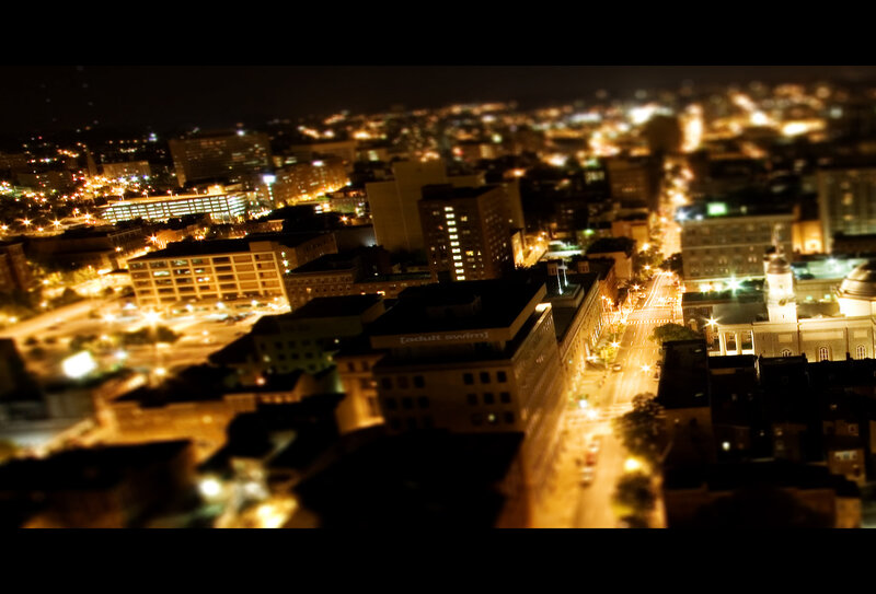 nighttime cityscape with tilt-shift effect