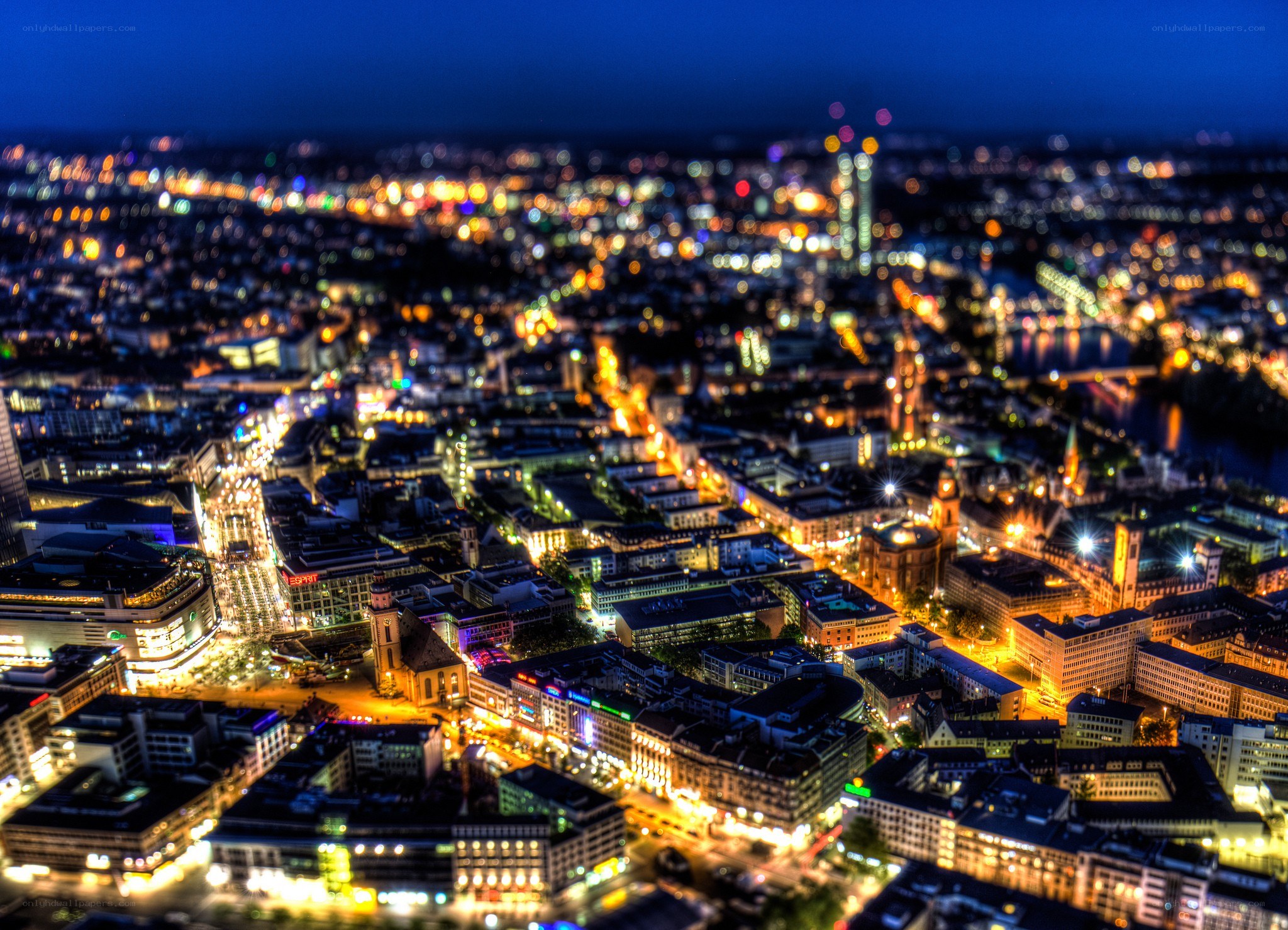 nighttime cityscape with tilt-shift effect