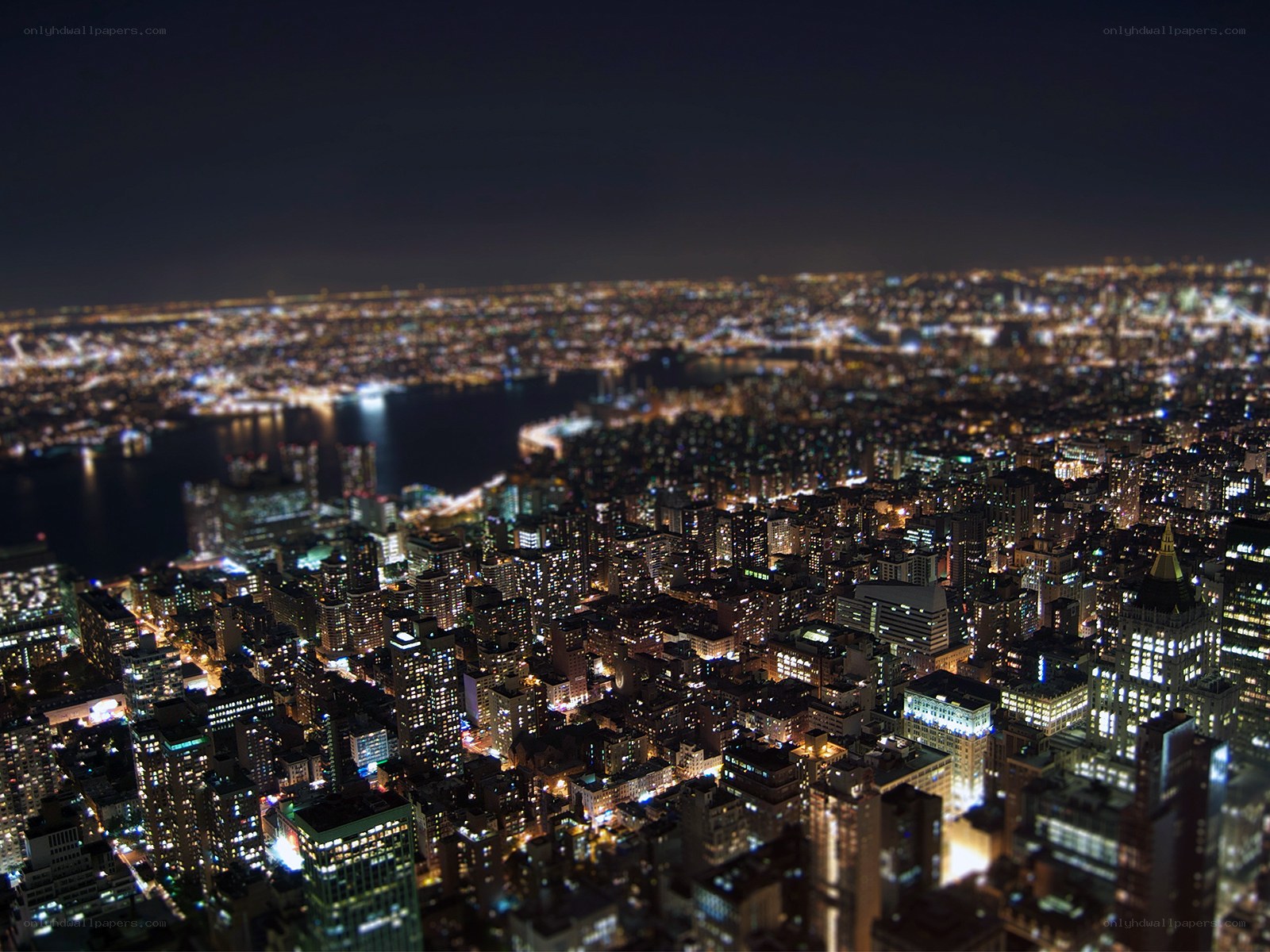 nighttime cityscape with tilt-shift