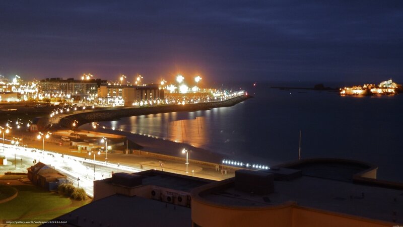 Nighttime Coastal City View — Blue, Calm