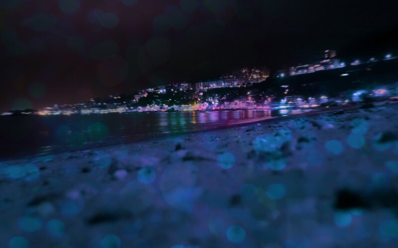 Nighttime Coastal City View — Blue, Serene