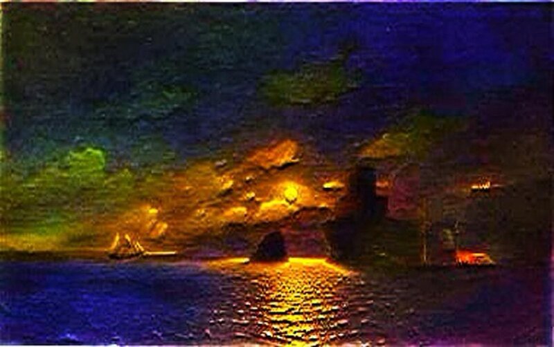 nighttime coastal scene with boats