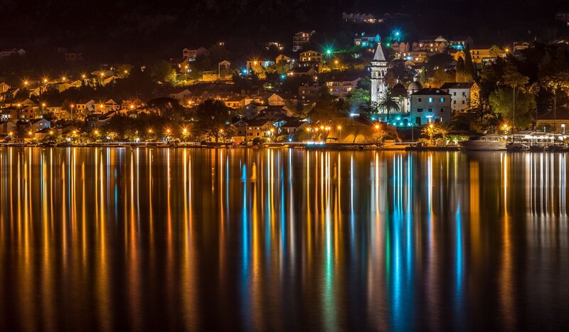 Nighttime Coastal Town — Blue, Serene