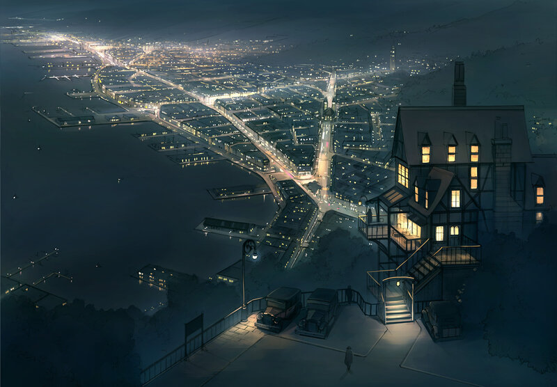 Nighttime Coastal Town — Blue