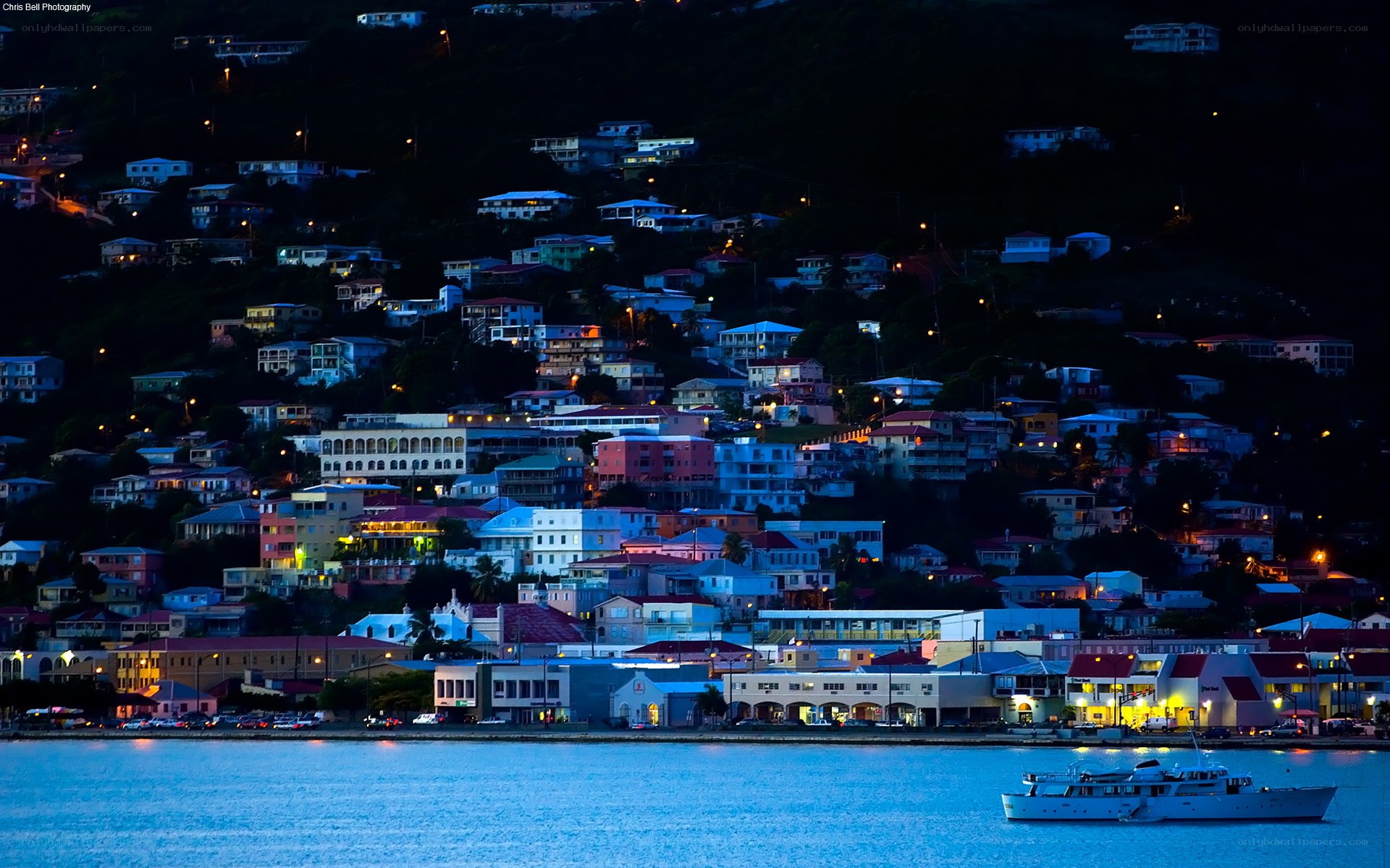 nighttime coastal town view