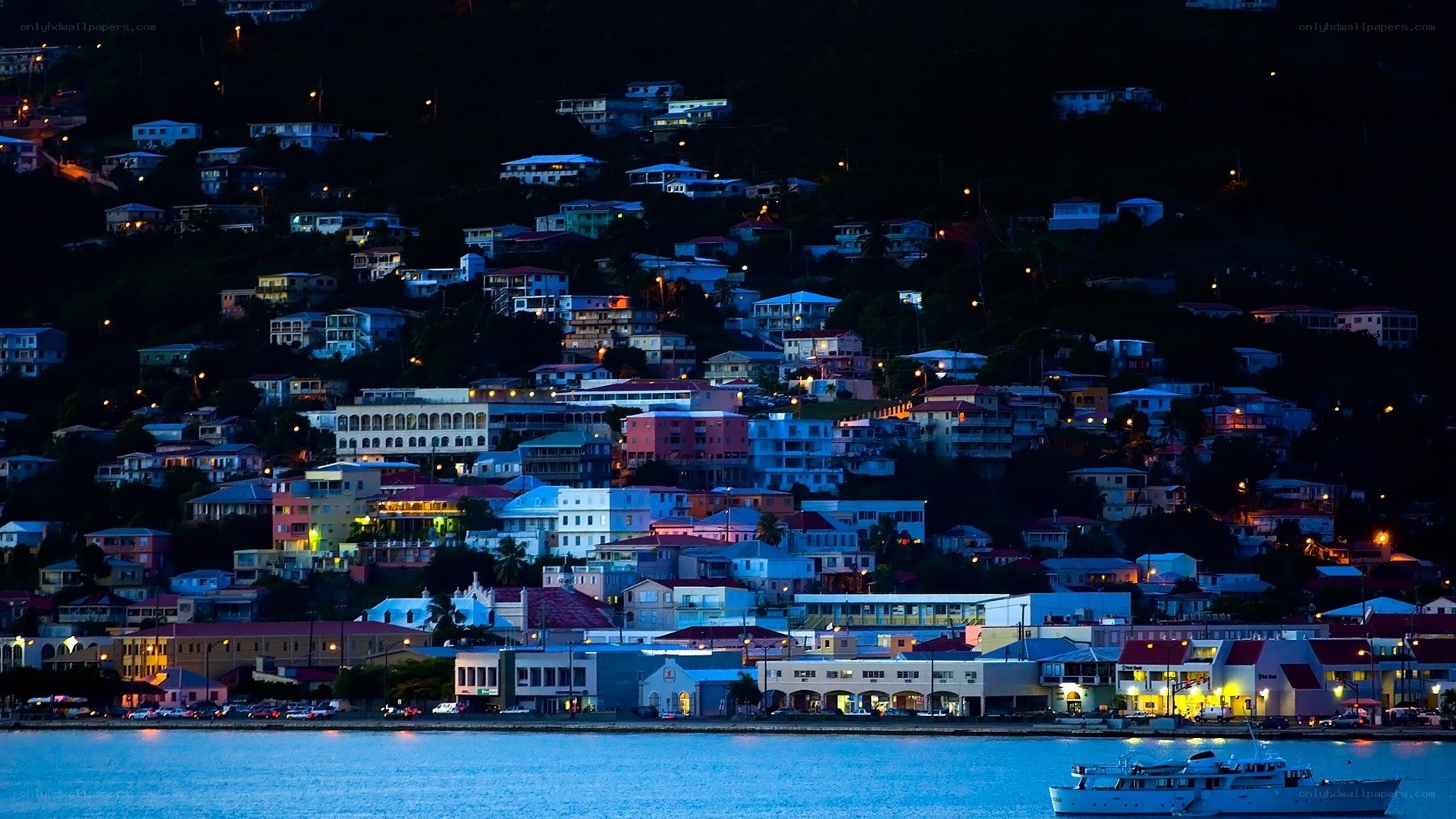 nighttime coastal town view