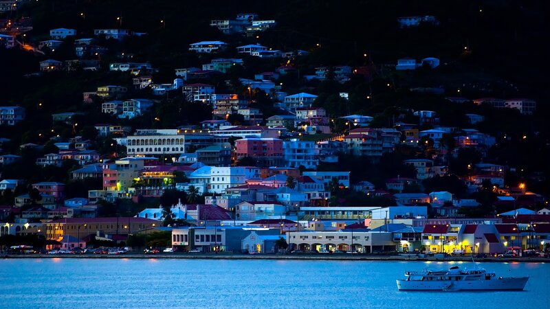 nighttime coastal town view