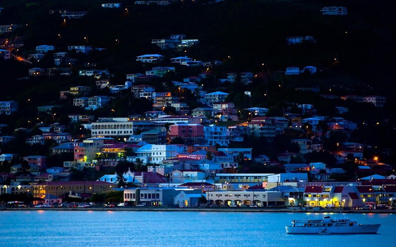 nighttime coastal town view