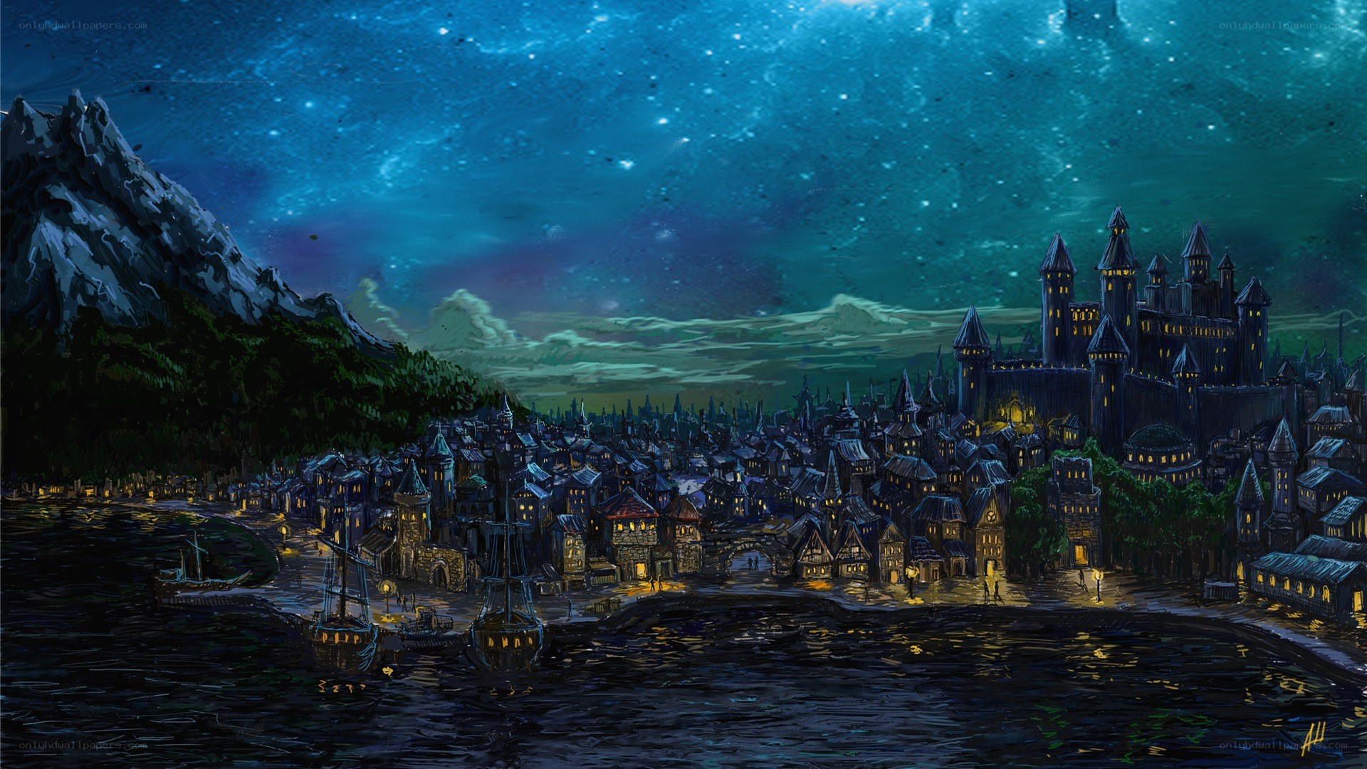 nighttime coastal town with castle