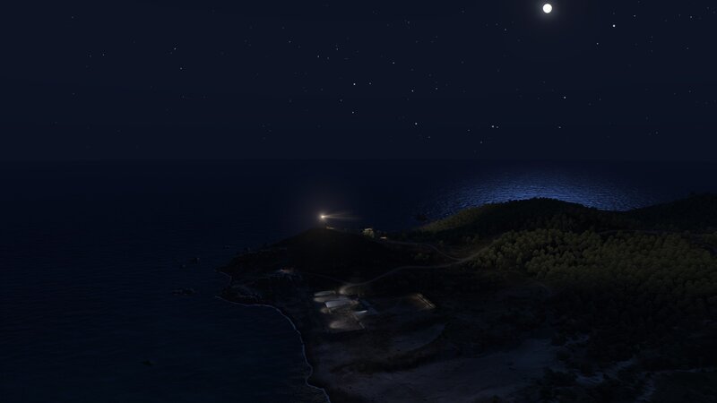 nighttime coastal view with lighthouse