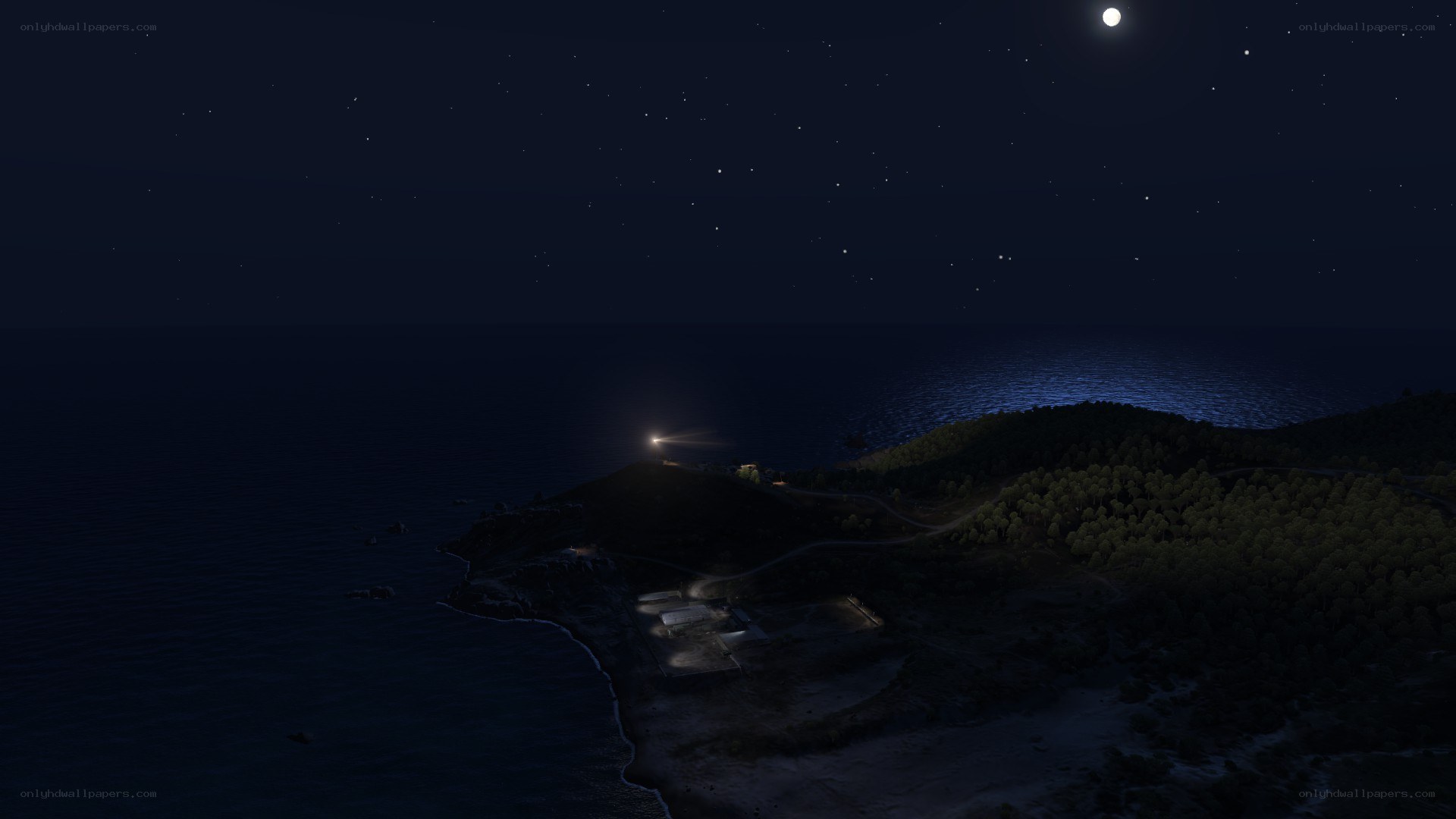 nighttime coastal view with lighthouse