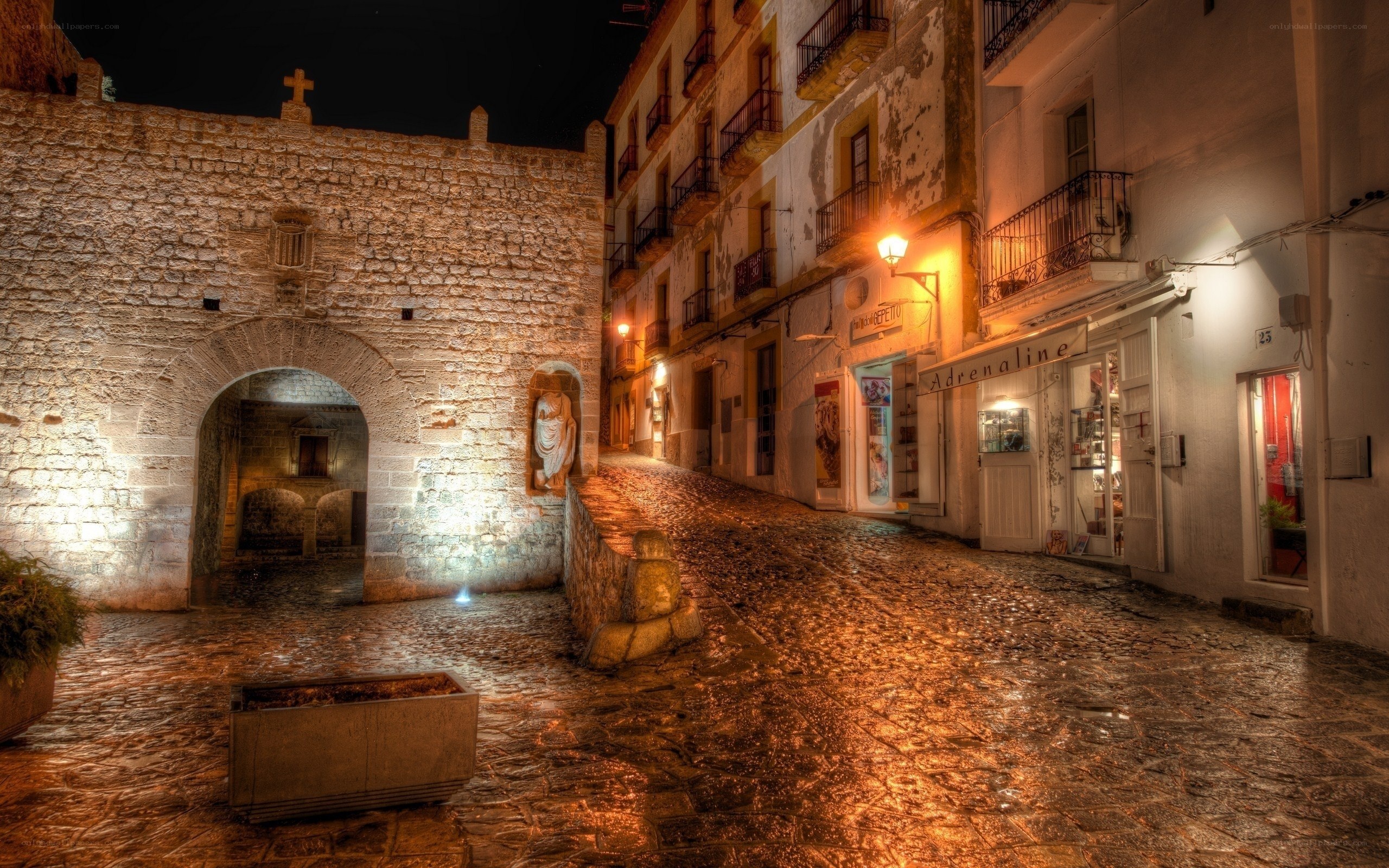 nighttime cobblestone street