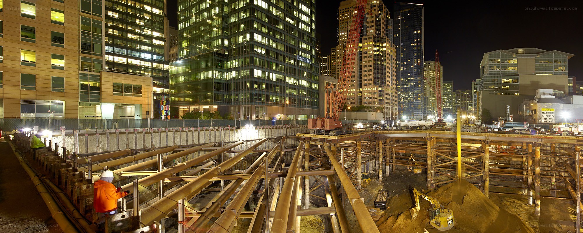Nighttime construction site in city