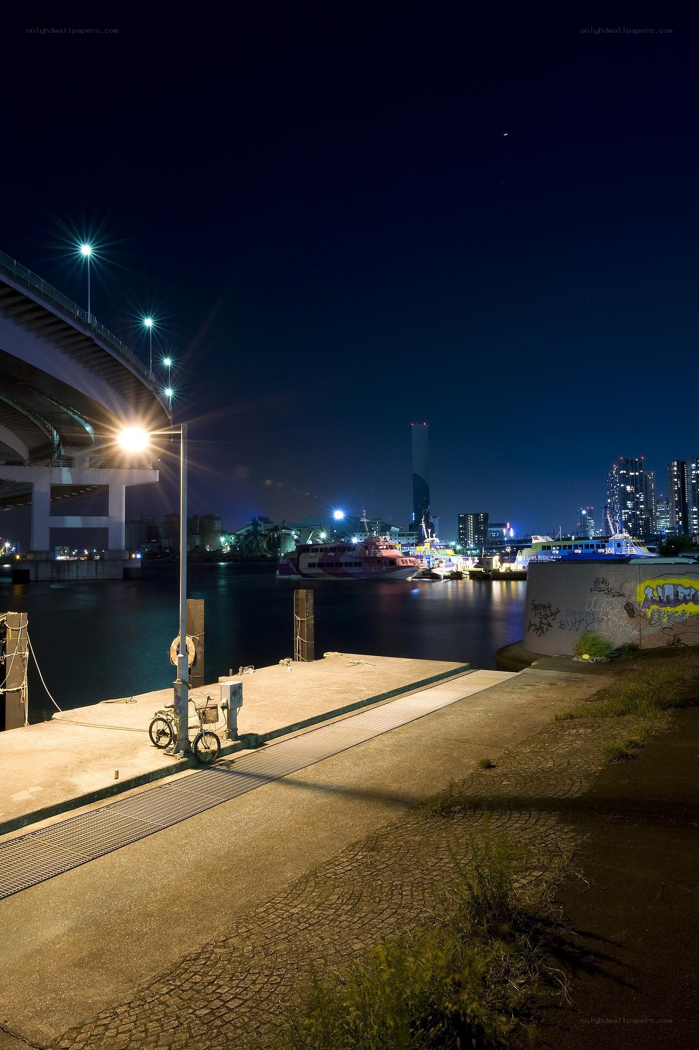 nighttime dock with city skyline