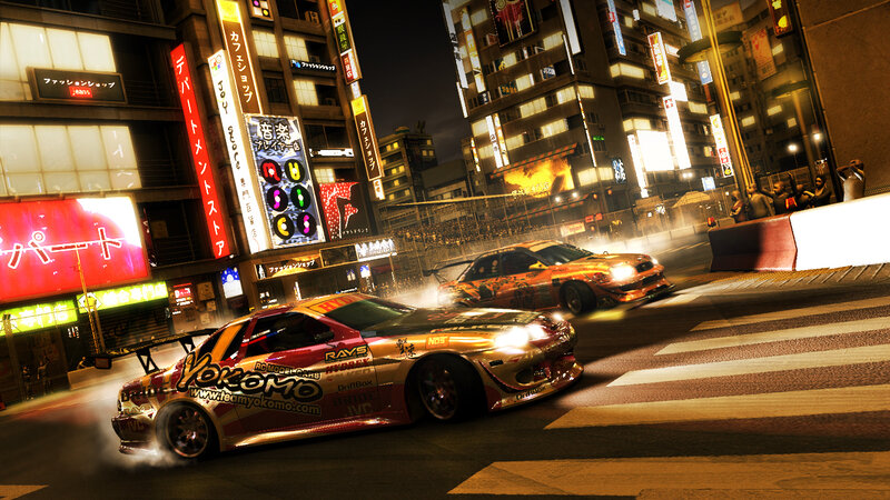 Nighttime drift racing in a neon city