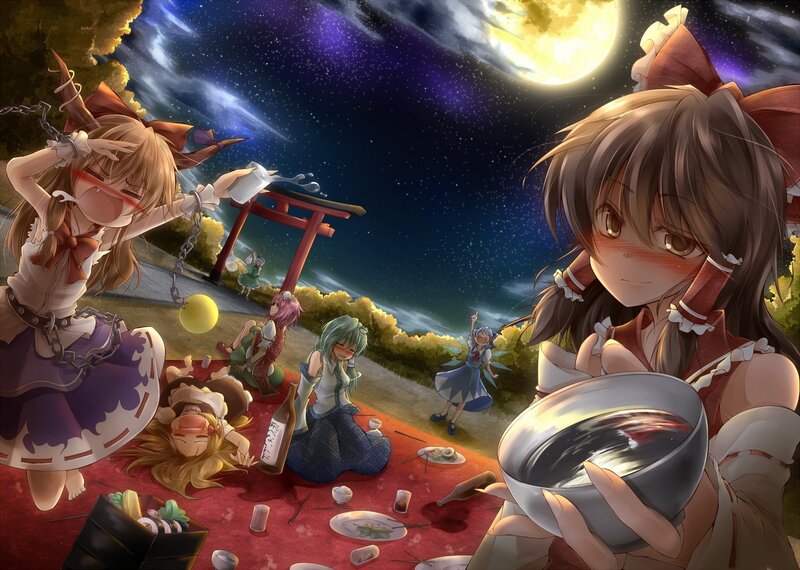 Nighttime festival with anime characters