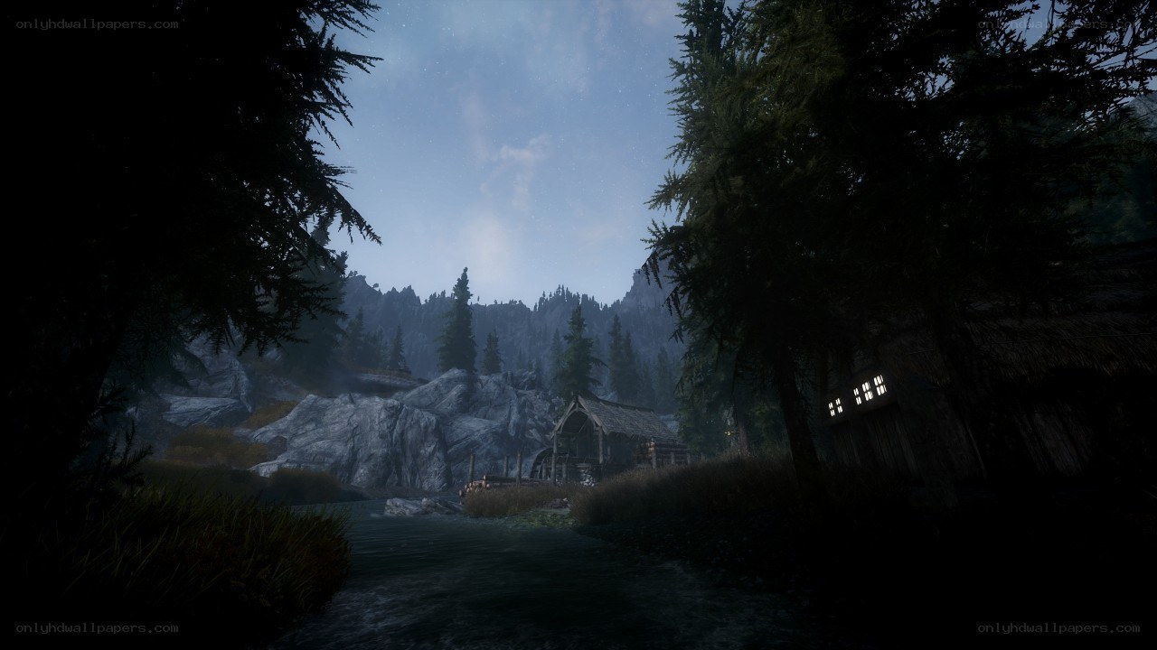 nighttime forest village scene