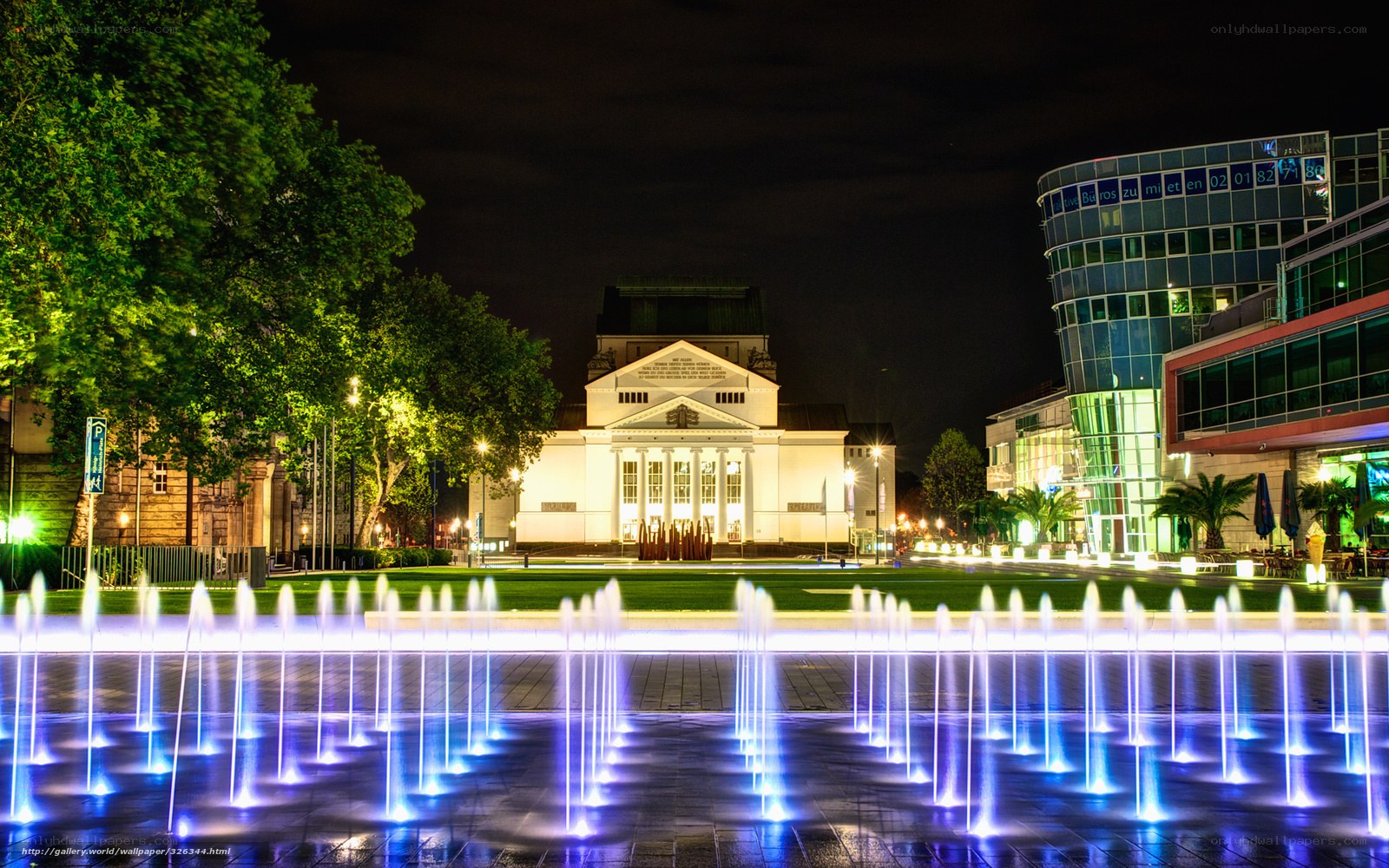 Nighttime fountain and theater