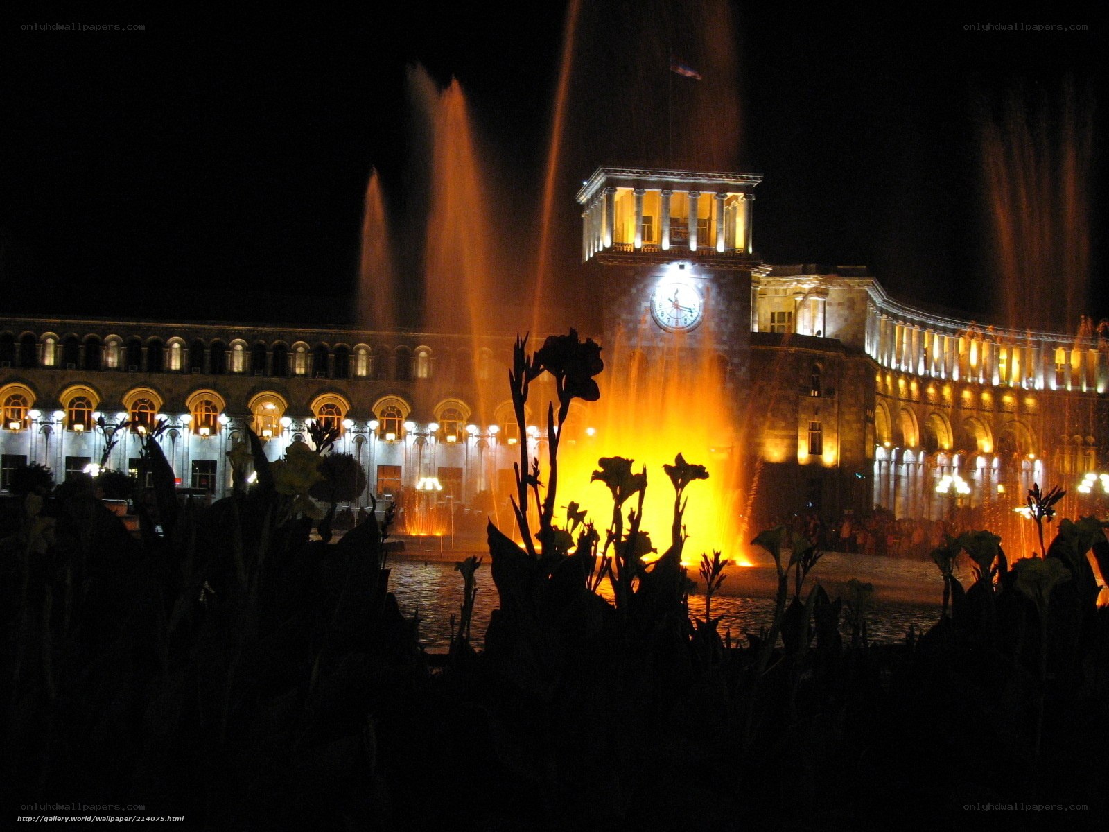 Nighttime fountain display at a grand building
