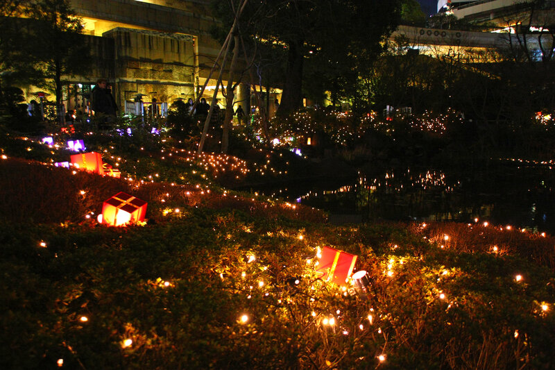 Nighttime garden lights display