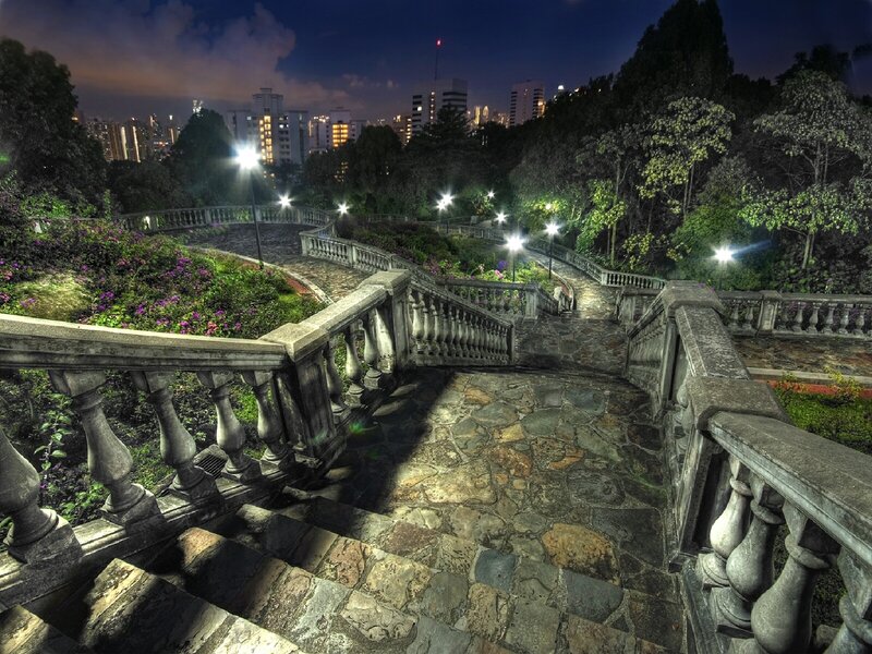 Nighttime garden staircase