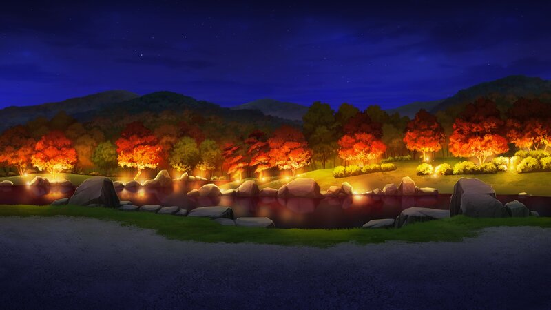 nighttime garden with autumn trees