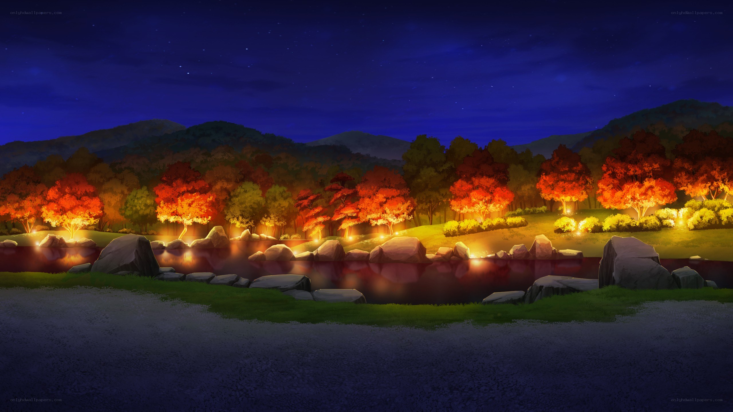 nighttime garden with autumn trees