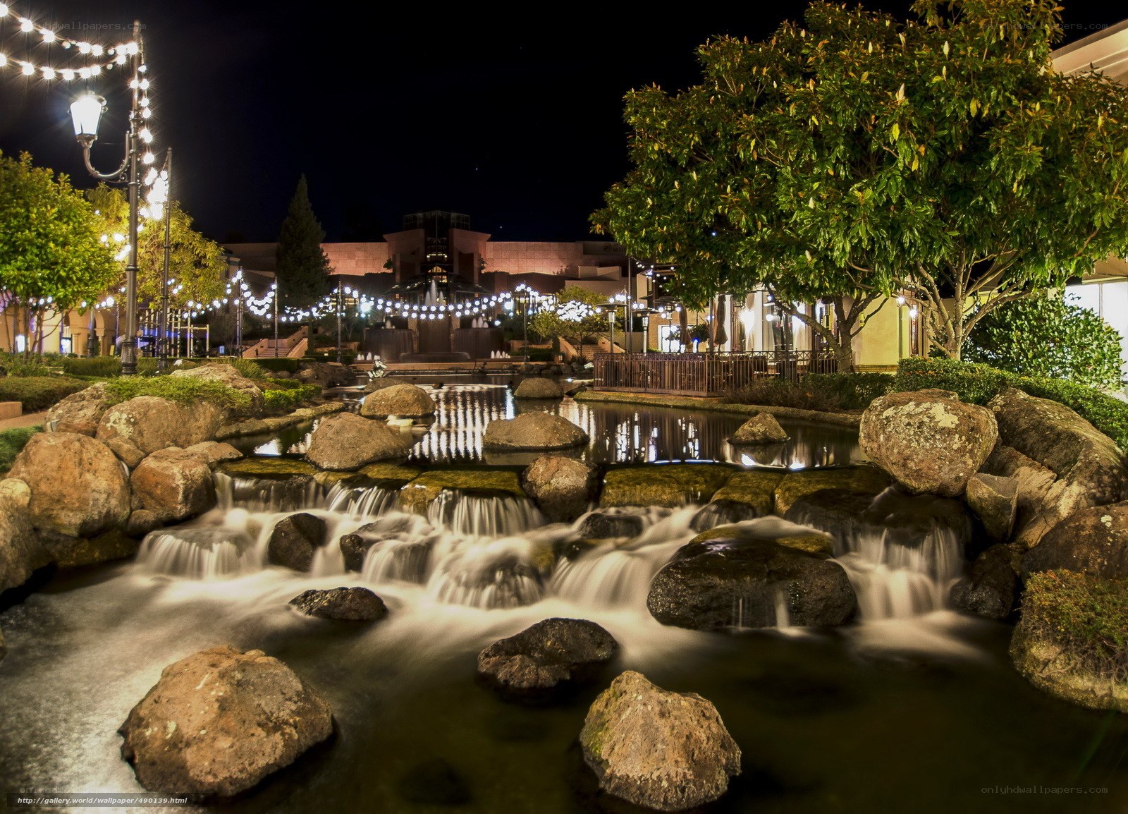 Nighttime garden with water feature