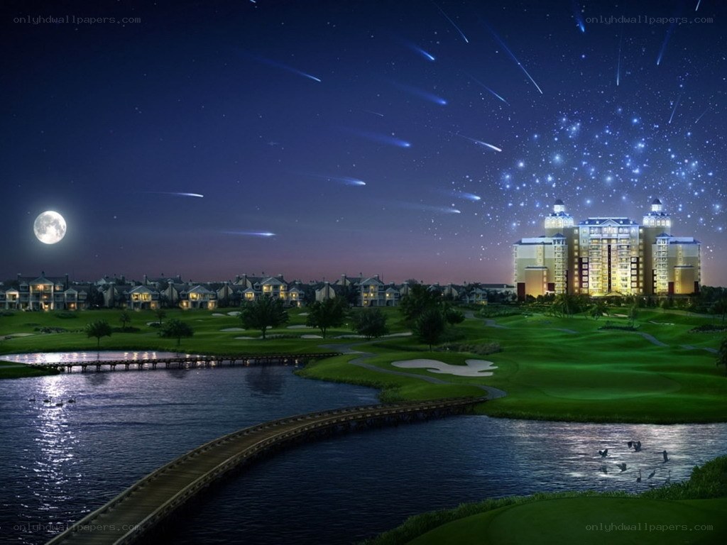 Nighttime golf course with meteor shower