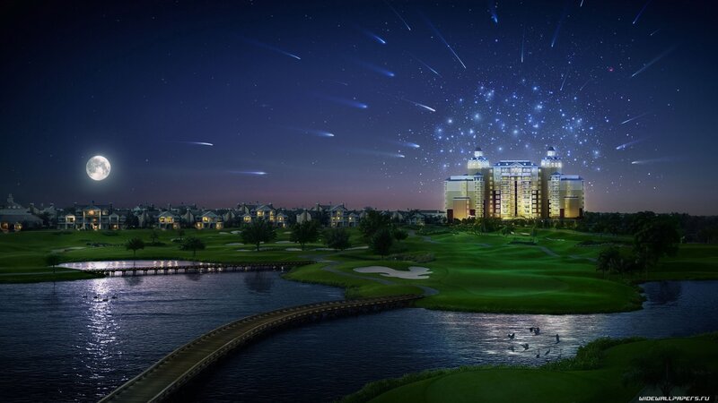 Nighttime golf course with moon and stars