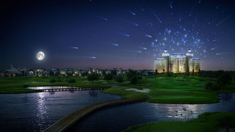 Nighttime golf resort with meteor shower