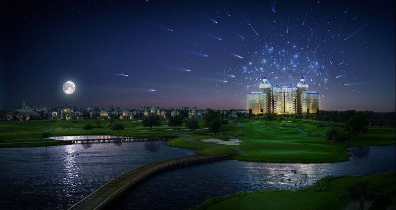 Nighttime golf resort with shooting stars