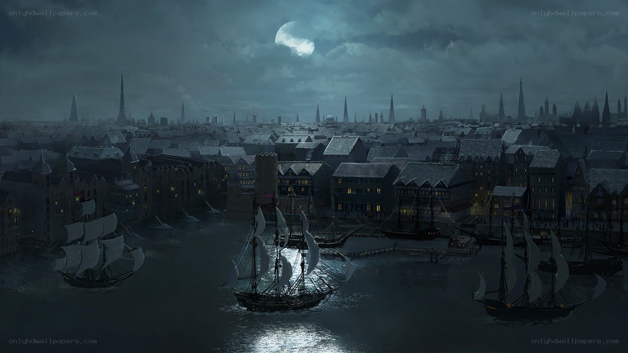 nighttime harbor cityscape