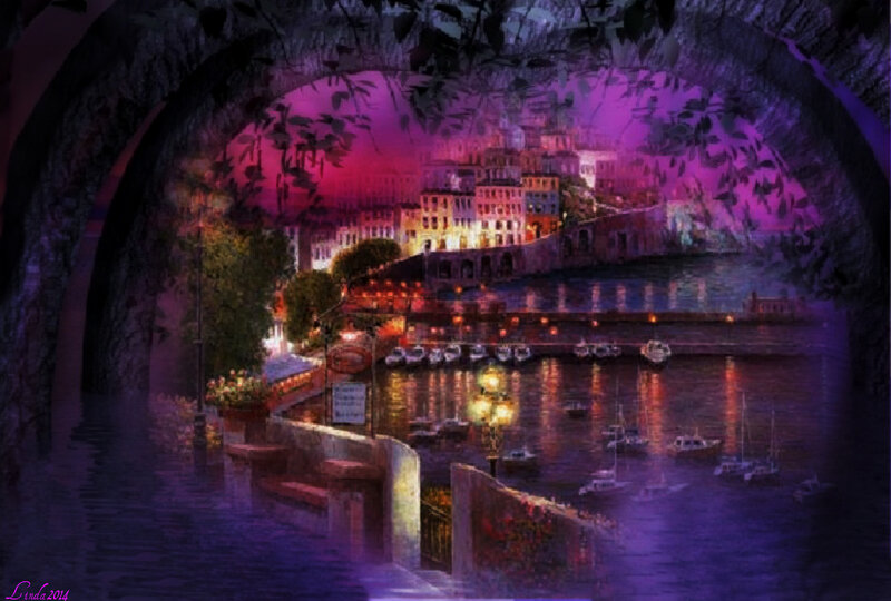 Nighttime Harbor View — Purple
