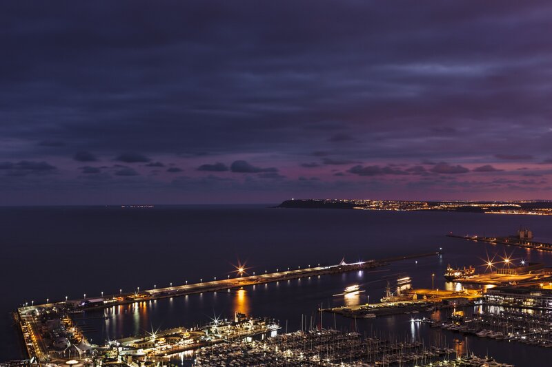 Nighttime harbor view