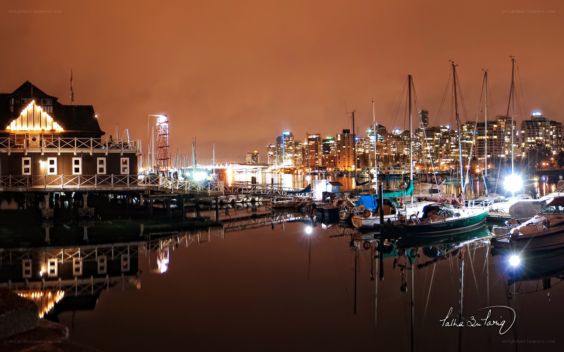 nighttime harbor with city skyline