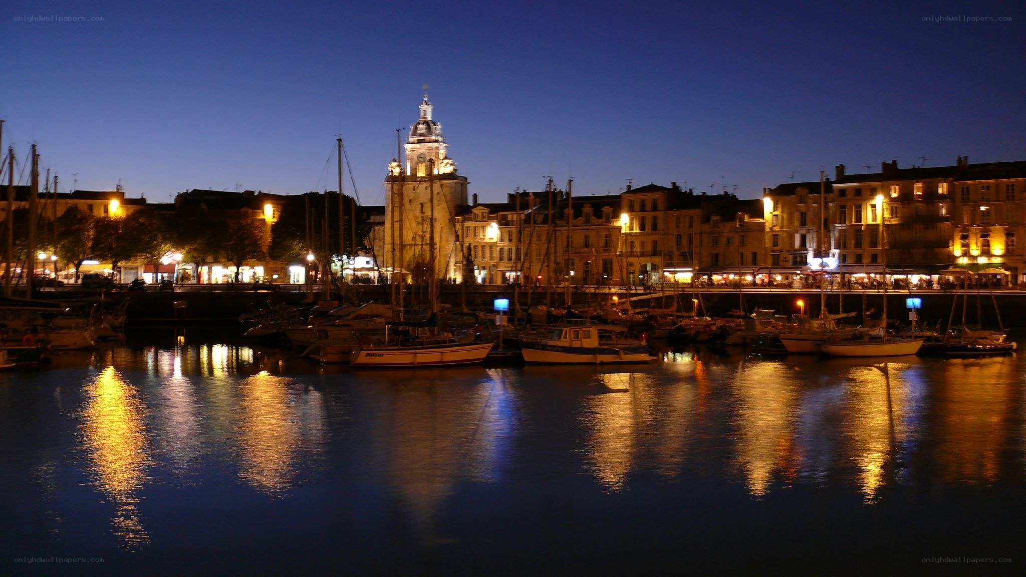 nighttime harbor with clock tower
