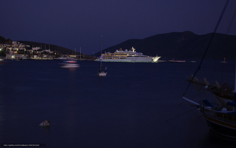 Nighttime harbor with cruise ship