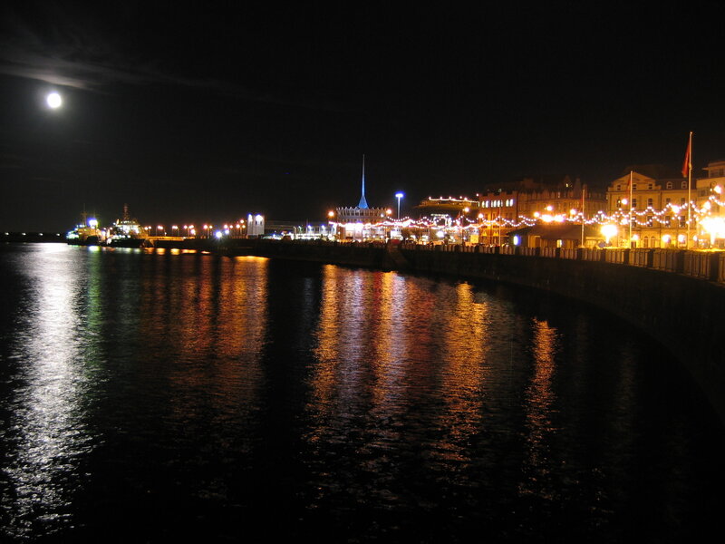 nighttime harbor with moon